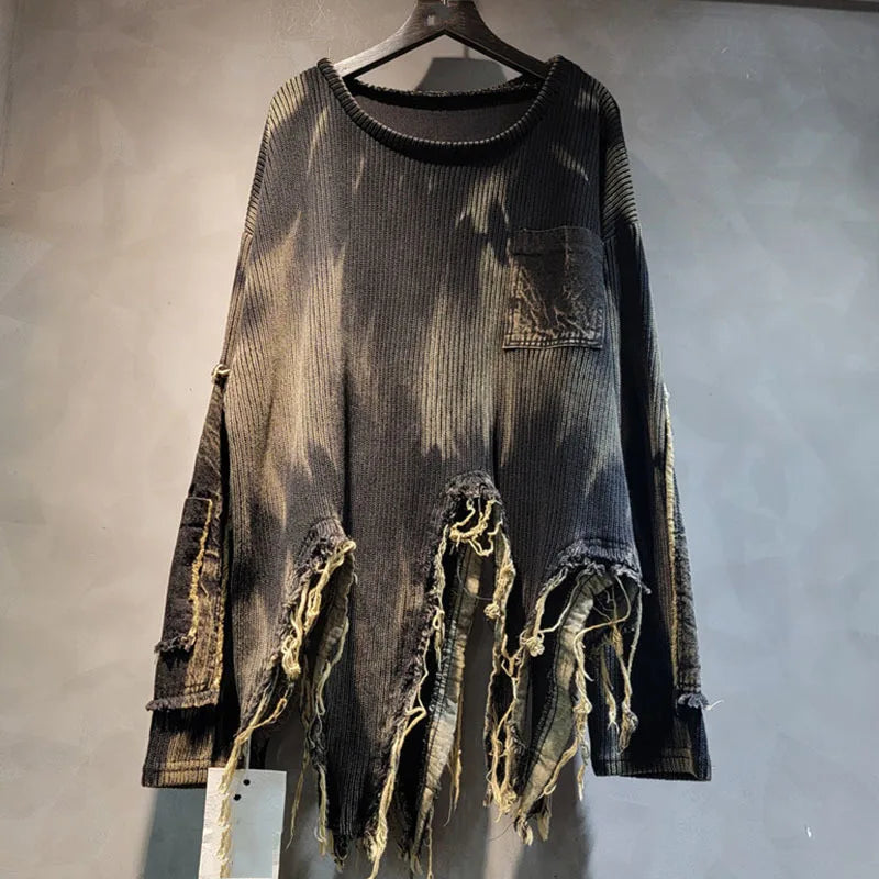 DEAT Fashion Women's Irregular Design Contrast Color Pullovers Loose O-neck Long Sleeve Sweater Female 2024 Autumn New 29L8194