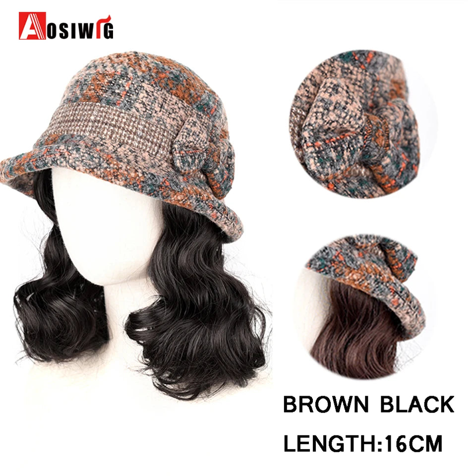Hat Wig Synthetic Short Curly Wavy Hair Wigs With Hat Fisherman's Cap Wig Hair Extension Black Brown Wig Cap
