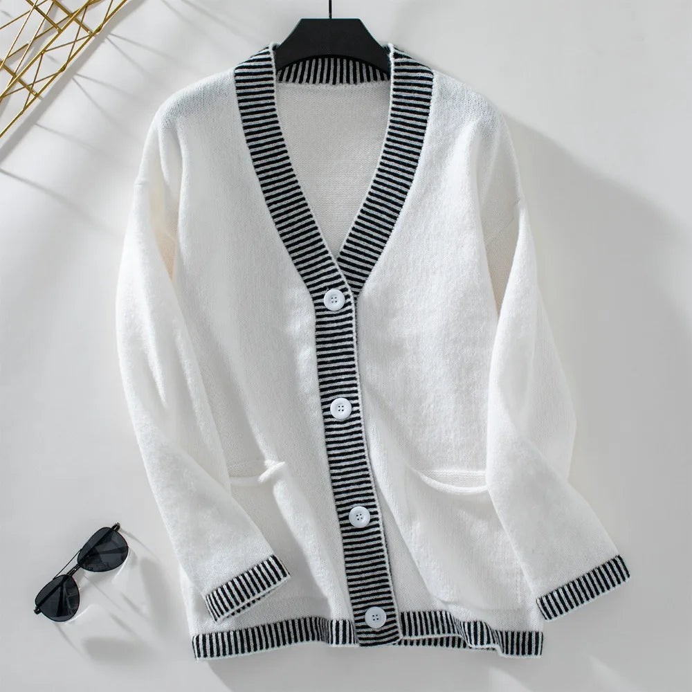 Single Breasted Knitted Jumpers Women Spliced Sweater V Neck Cardigan Casual Loose Fit Print Sweaters Slight Strech Buttons