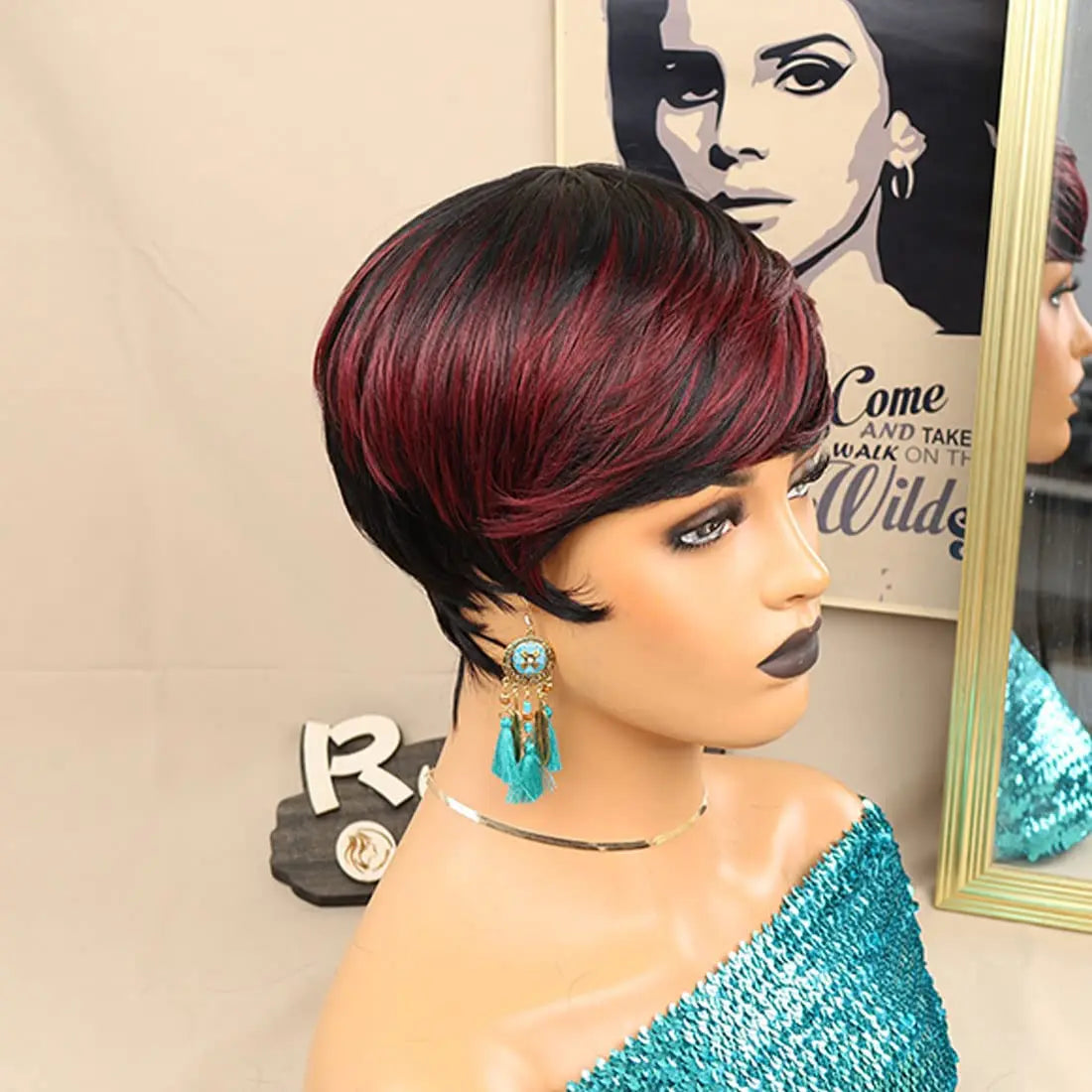 Short Pixie Cut Wigs for Black Women ShortWigs with Bangs Black with Brown Layered Wigs Glueless Short Bob Real Hair Wigs for Wo