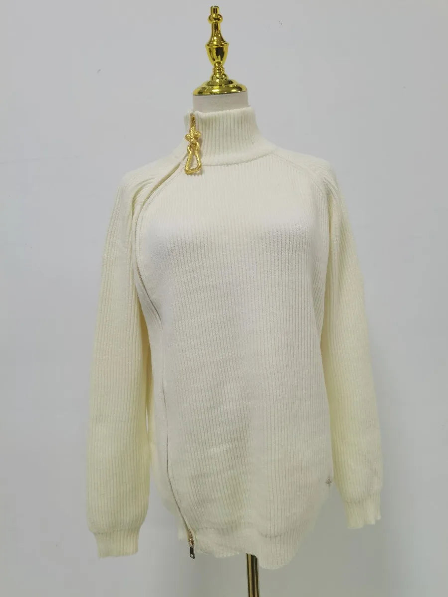 TWOTWINSTYLE Solid Loose Spliced Zipper Casual Sweaters for Women High Neck Long Sleeves Patchwork Embroidery Sweater Female New