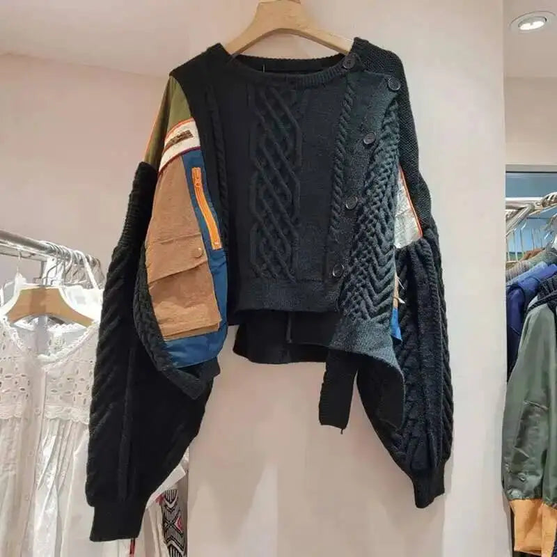 DEAT 2025 Autumn New Niche Design Irregular Splicing Knitted Sweater For Women Fashion Loose Single-breasted Pullover 33A2043