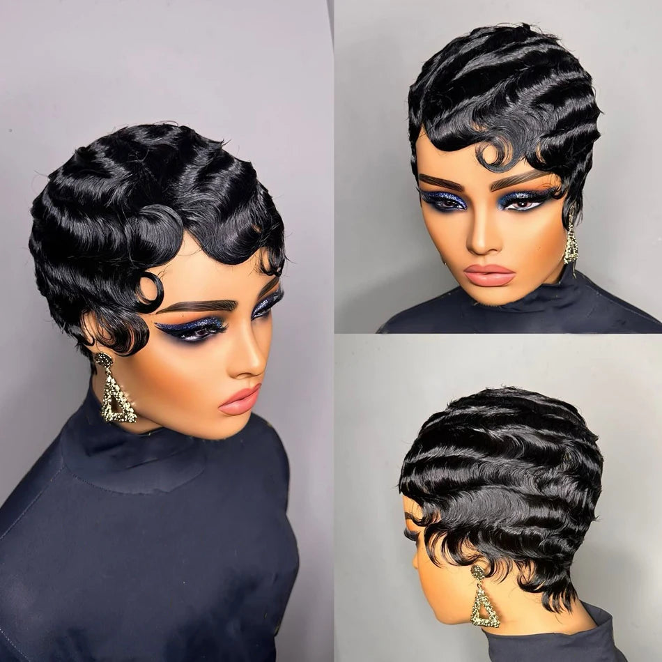 Short Finger Wave Wig for Women Black Pixie Cut Wigs Glueless 100% Human Hair Mommy Wigs Pixie Short Layered Ocean Waves Wig