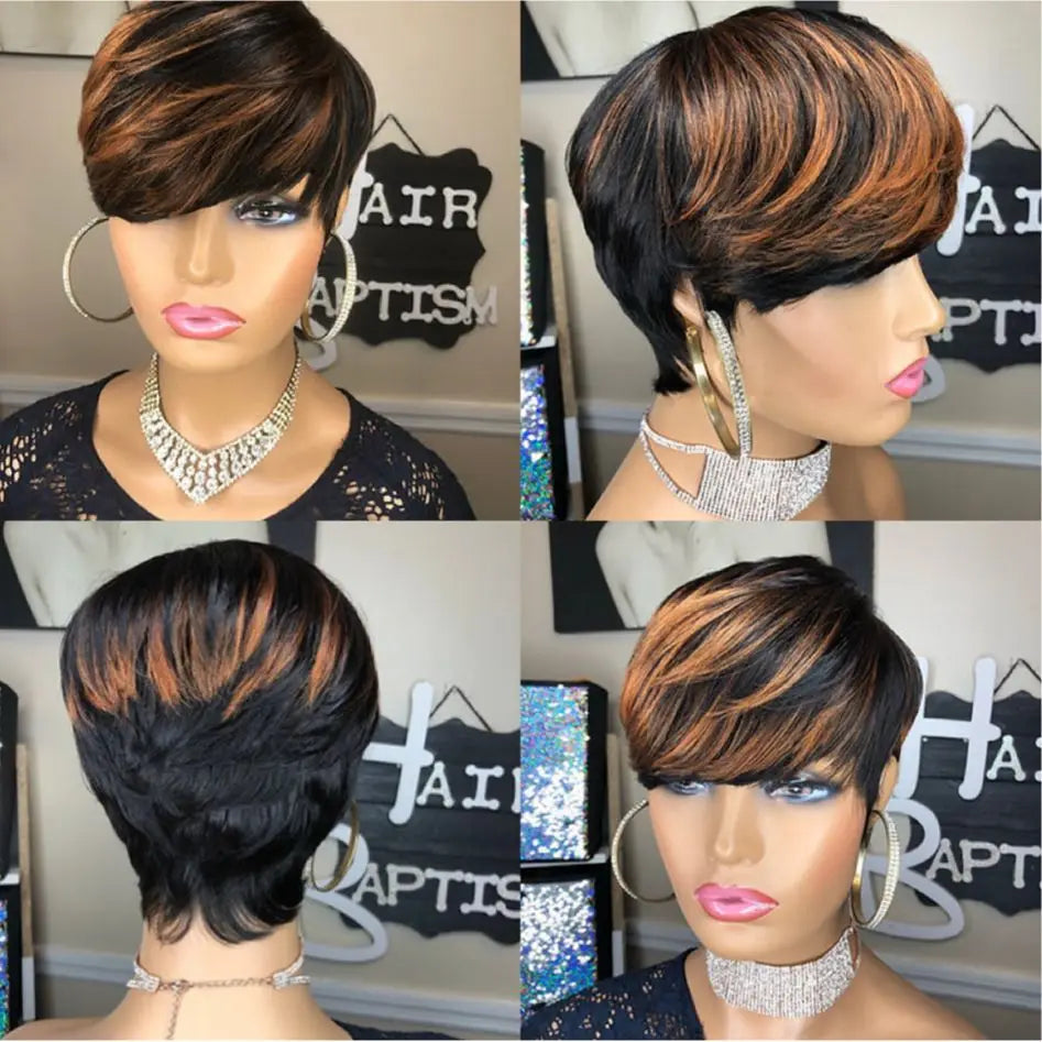 WIGERA Highlight Synthetic Short Straight Pixie Cut Hair Bob Wig Ombre Honey  Light Bronw Mix Black Layered Hair Wigs For Woman