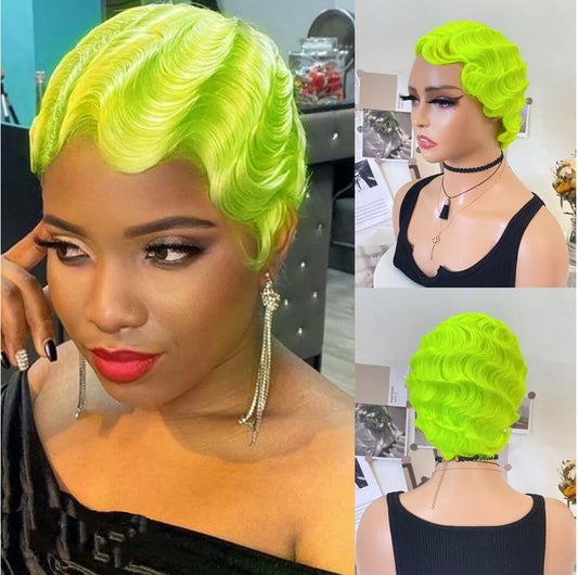 Fluorescent Green Short Finger Wave Glueless Synthetic Wig - Party/Cosplay Ready