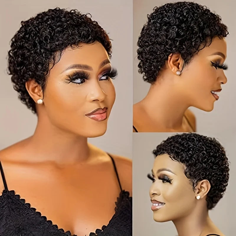Short Curly Pixie Cut Human Hair Wigs For Women Full Machine Made Short Kinky Curly Wigs Human Hair Natural Black Color