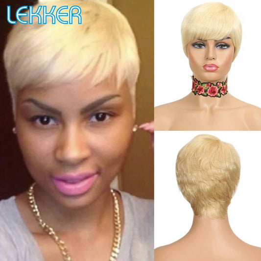 Lekker 613 Blonde Short Pixie Cut Bob Human Hair Wigs For Women Brazilian Remy Hair Ombre Burgundy Full Machine Made Colored Wig