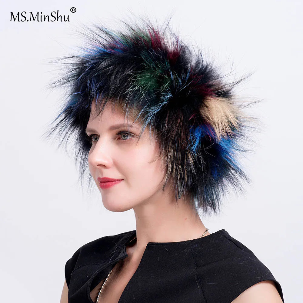 MS.MinShu-Hand Made Knitted Elastic Headband for Women, Genuine Fox Fur, Head Warmer, Neck Ring, Winter