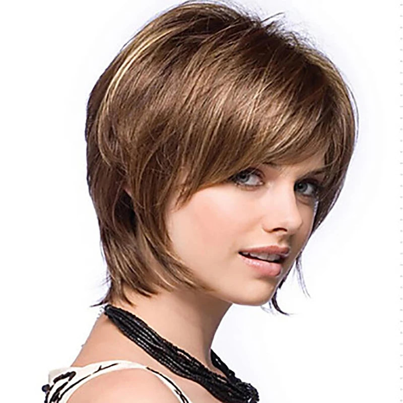 HAIRJOY Women Straight Bangs Style Pixie Cut Synthetic Hair Wig Brown Mixed Short Wigs Machine Made