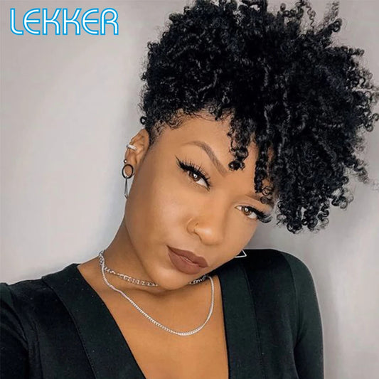 Lekker Short Pixie Cut Afro Kinky Curly Bob 100% Human Hair Wig For Women Brazilian Remy Hair Glueless Colored Ready to Wear Wig