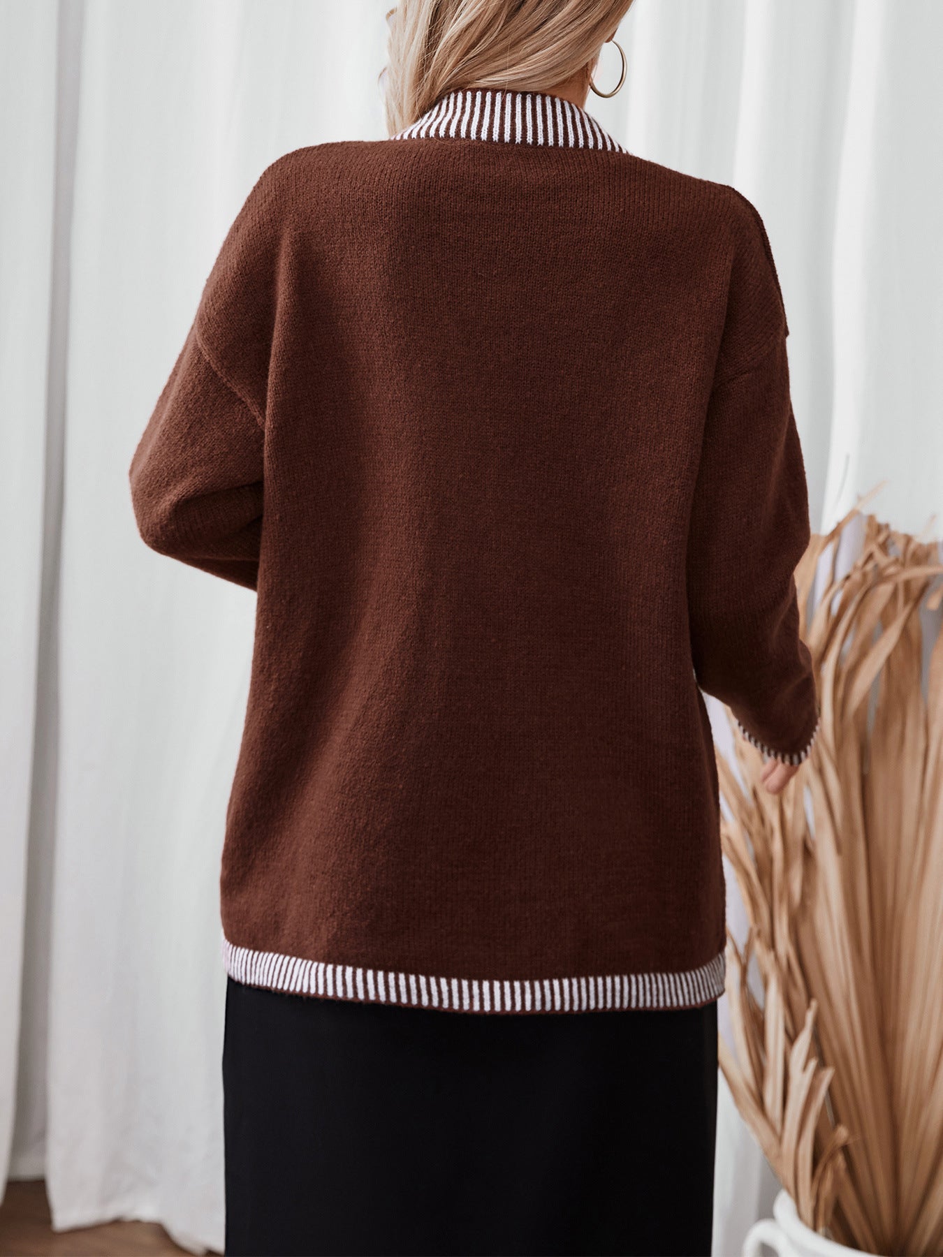 Single Breasted Knitted Jumpers Women Spliced Sweater V Neck Cardigan Casual Loose Fit Print Sweaters Slight Strech Buttons