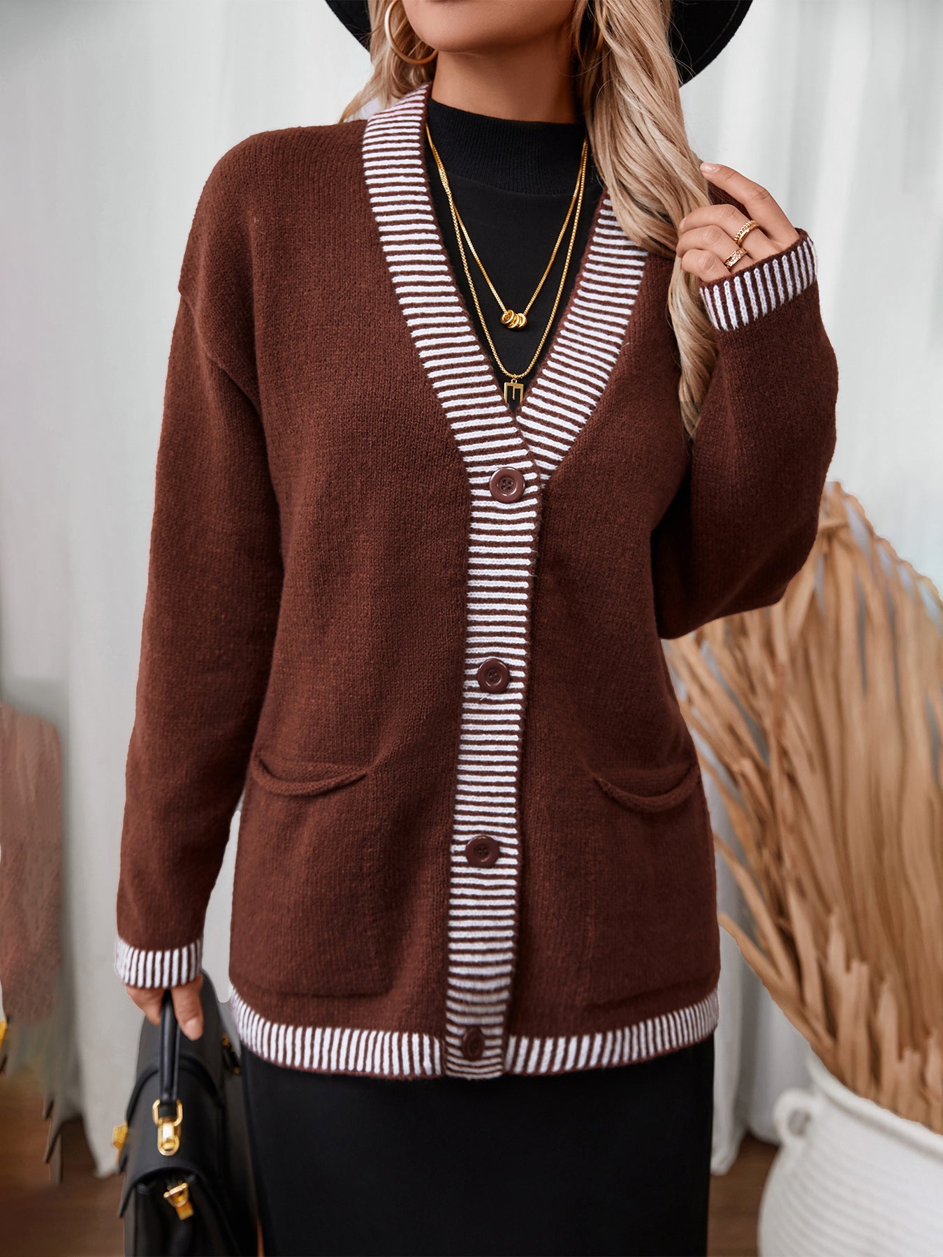 Single Breasted Knitted Jumpers Women Spliced Sweater V Neck Cardigan Casual Loose Fit Print Sweaters Slight Strech Buttons