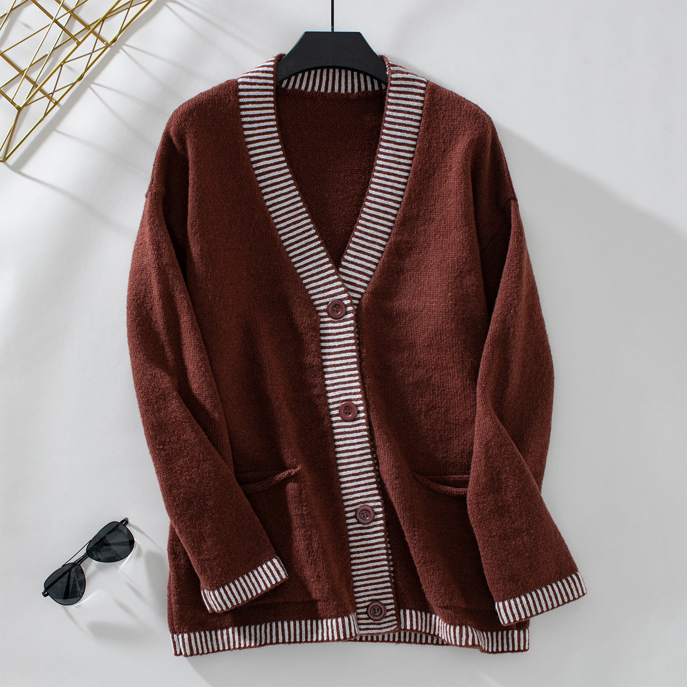 Single Breasted Knitted Jumpers Women Spliced Sweater V Neck Cardigan Casual Loose Fit Print Sweaters Slight Strech Buttons