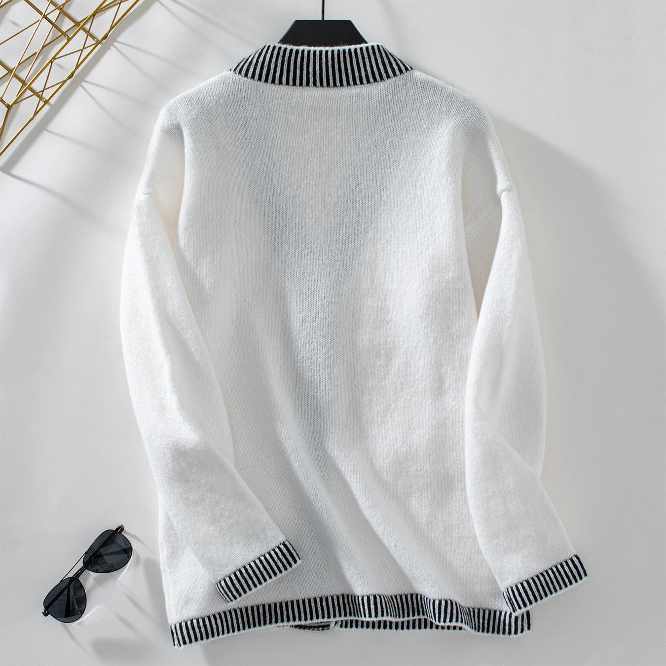 Single Breasted Knitted Jumpers Women Spliced Sweater V Neck Cardigan Casual Loose Fit Print Sweaters Slight Strech Buttons