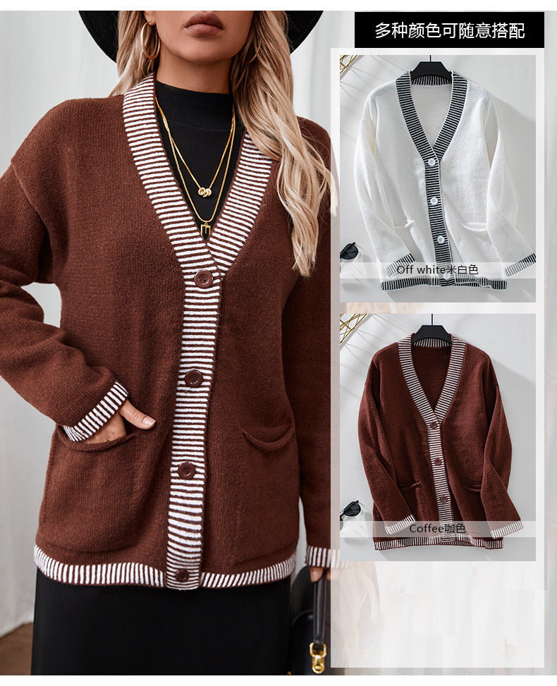 Single Breasted Knitted Jumpers Women Spliced Sweater V Neck Cardigan Casual Loose Fit Print Sweaters Slight Strech Buttons