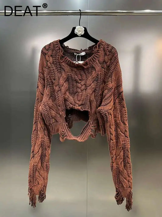 DEAT 2025 Spring Women's Knit Sweater Hollow Out Wash Hole Loose High Street Round Neck Long Sleeve Pattern Pullover 11XX6062