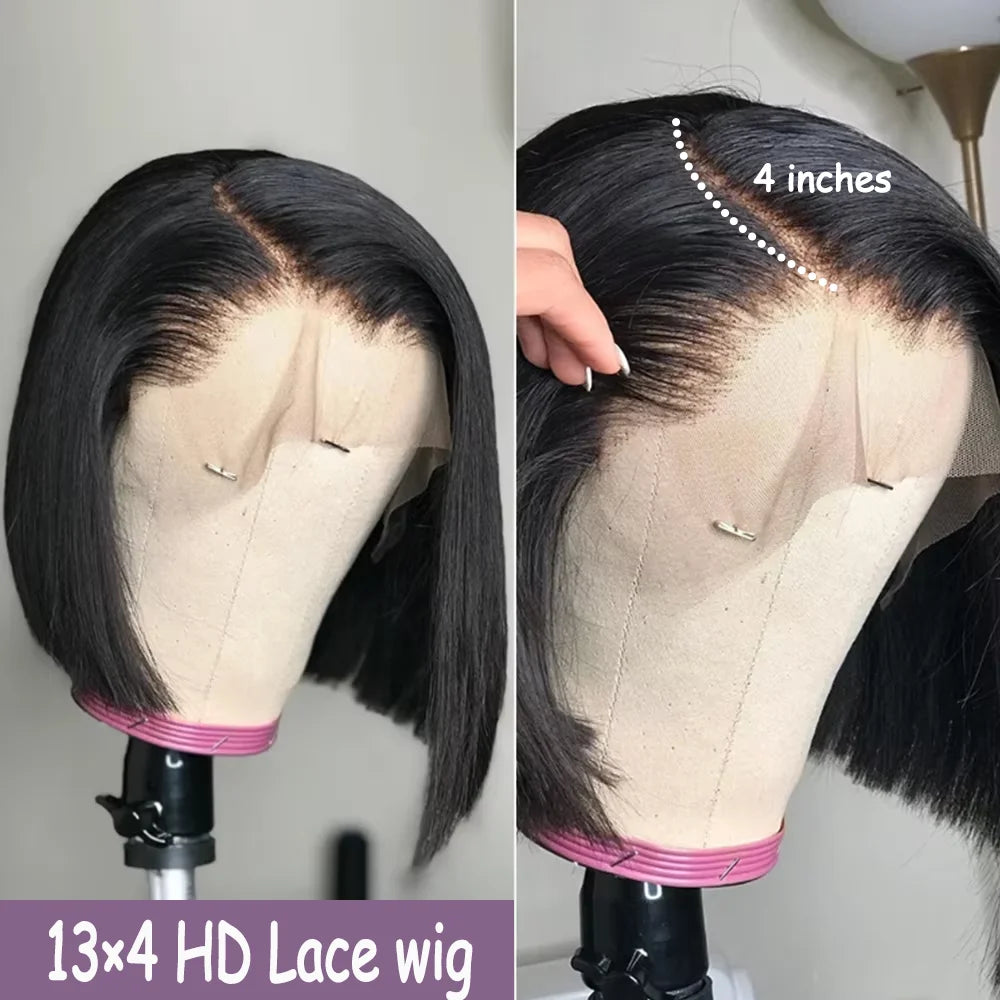 Brazilian Human Hair Bob Wigs Glueless HD Lace Front Wig No Glue Short Bone Straight Lace Frontal Wig Ready to Wear 250 Density