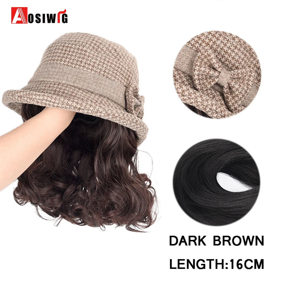 Hat Wig Synthetic Short Curly Wavy Hair Wigs With Hat Fisherman's Cap Wig Hair Extension Black Brown Wig Cap