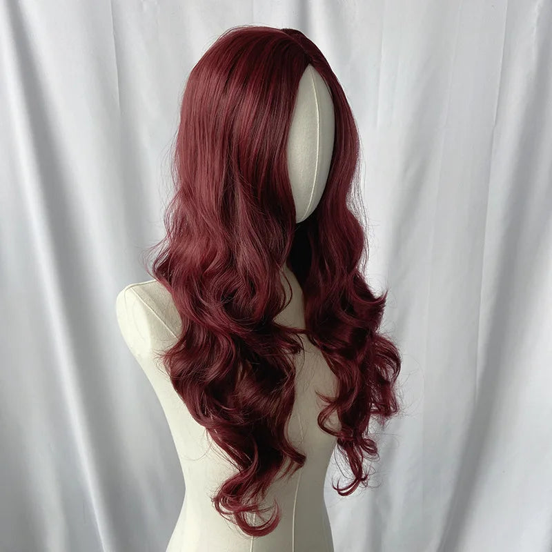 Wine Red Long Curly Glueless Lace Front Wig - Synthetic Heat Resistant, Bold Party Style
