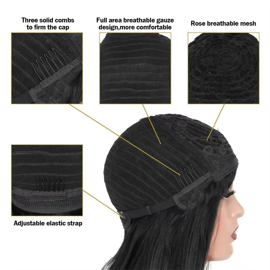 Rosslyn Straight Human Hair Wigs With Bangs 1b Black Wig Not Lace Natural Color Full Machine Wig From Brazilian Original