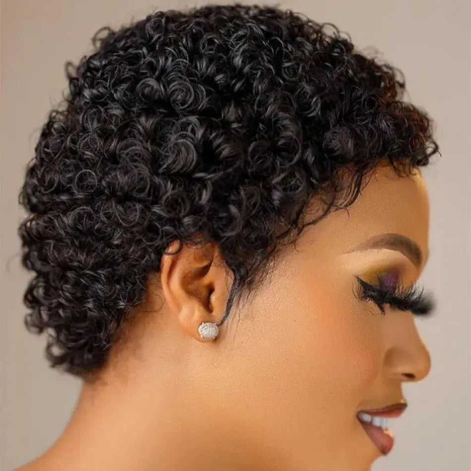Short Curly Pixie Cut Human Hair Wigs For Women Full Machine Made Short Kinky Curly Wigs Human Hair Natural Black Color