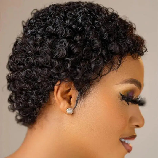 Short Curly Pixie Cut Human Hair Wigs For Women Full Machine Made Short Kinky Curly Wigs Human Hair Natural Black Color