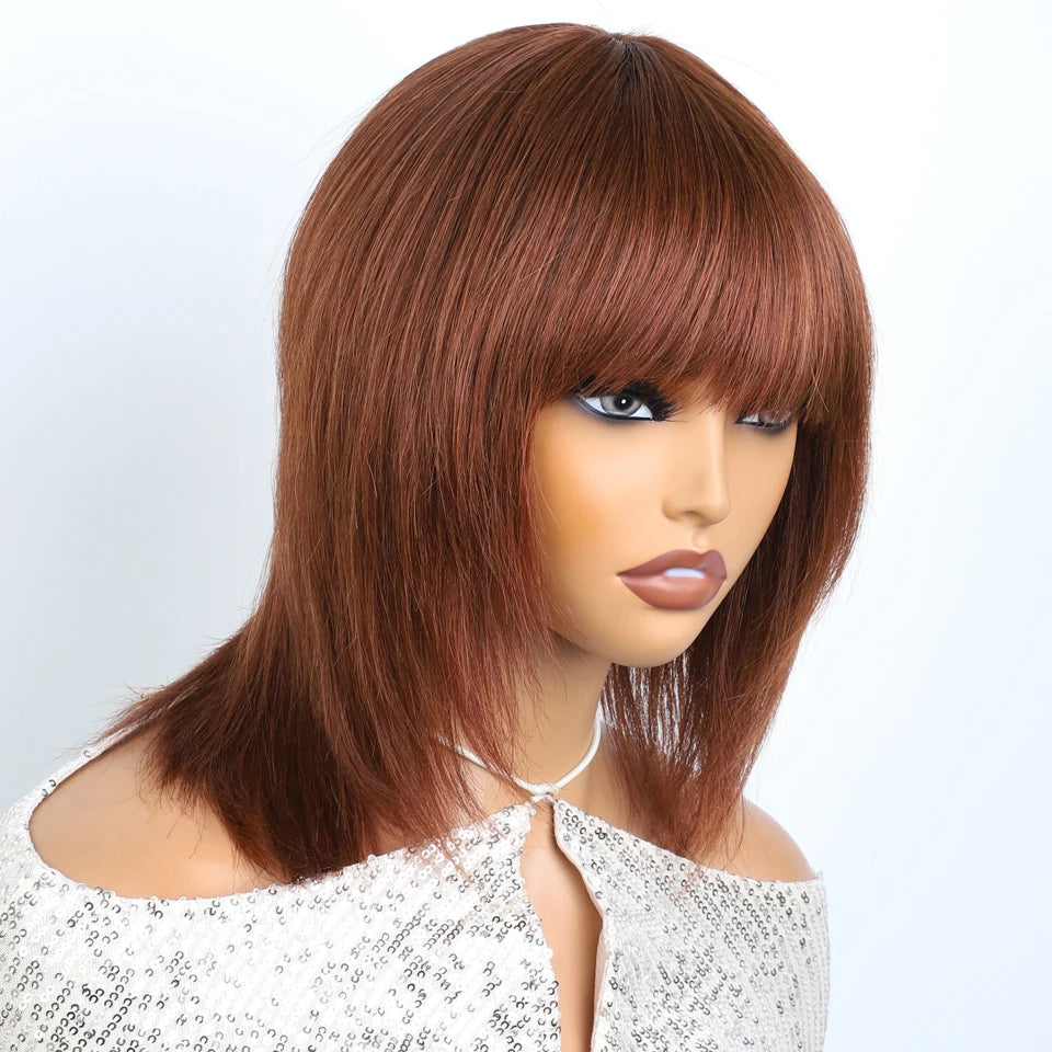 Lekker Glueless Short Brown Wolf Cut Straight Bob Human Hair Wigs With Bangs For Women Brazilian Remy Hair Ready to Wear Bob Wig