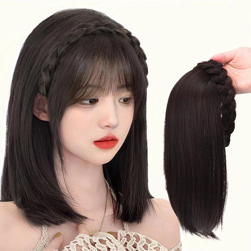 Short Headband Wig with Fish Bone Patch - Glueless Integrated Human Hair, Brown/Black