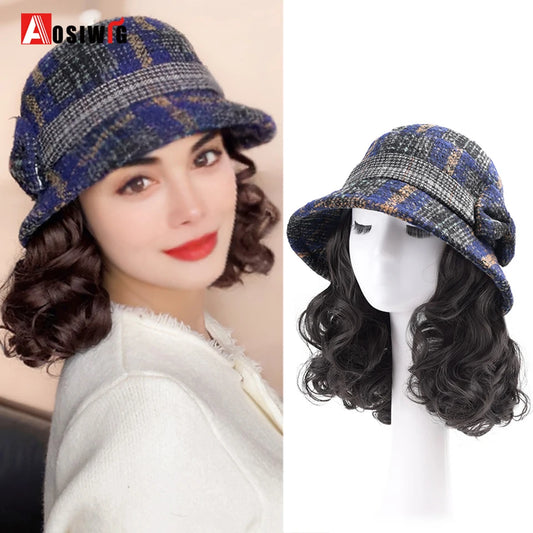 Hat Wig Synthetic Short Curly Wavy Hair Wigs With Hat Fisherman's Cap Wig Hair Extension Black Brown Wig Cap