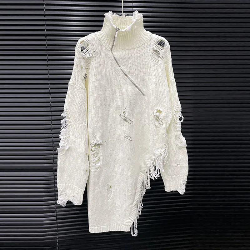 DEAT 2025 Early Autumn New Half High Neck Pin Hole Sweater For Women Fashion Irregular Niche Design Long Knit Pullover 11A06148