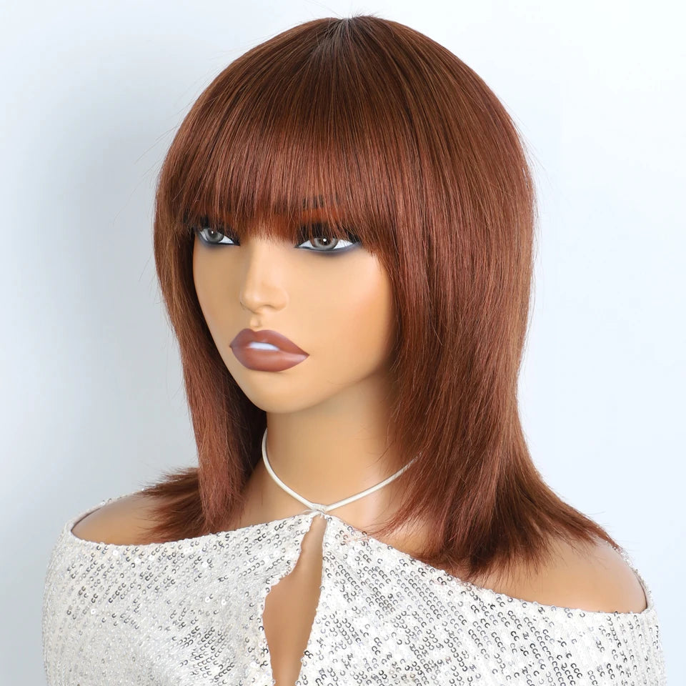 Lekker Glueless Short Brown Wolf Cut Straight Bob Human Hair Wigs With Bangs For Women Brazilian Remy Hair Ready to Wear Bob Wig