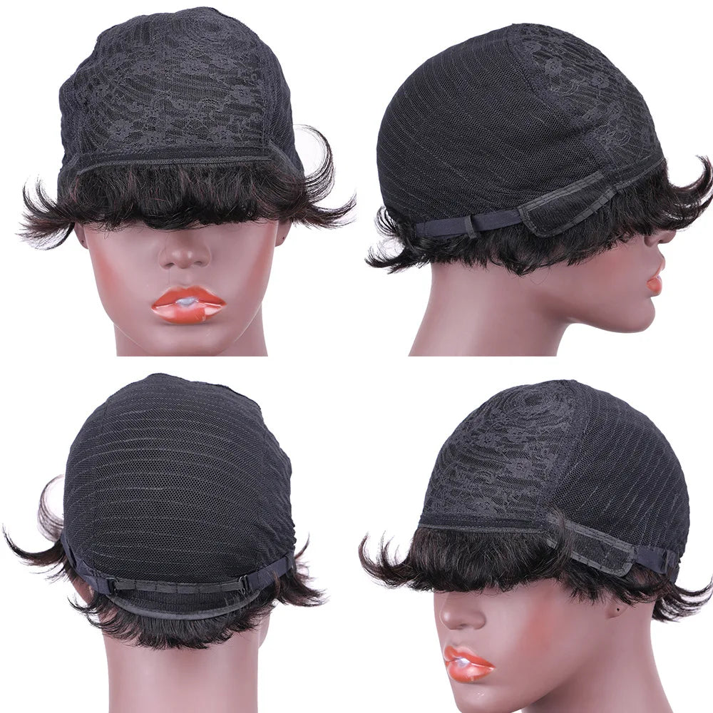 Short Human Hair Wigs with Bangs Short Pixie Wig Human Hair for Women Fashion Full Machine Duby Wig Cheap Black Red  Party Wigs