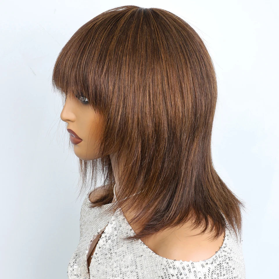 Lekker Glueless Short Brown Wolf Cut Straight Bob Human Hair Wigs With Bangs For Women Brazilian Remy Hair Ready to Wear Bob Wig