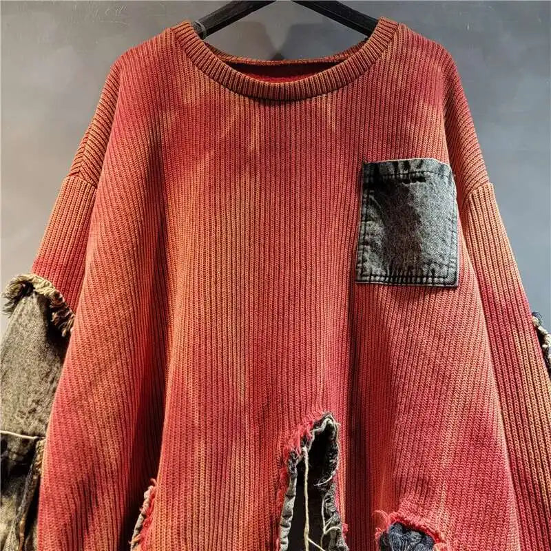 DEAT Fashion Women's Irregular Design Contrast Color Pullovers Loose O-neck Long Sleeve Sweater Female 2024 Autumn New 29L8194