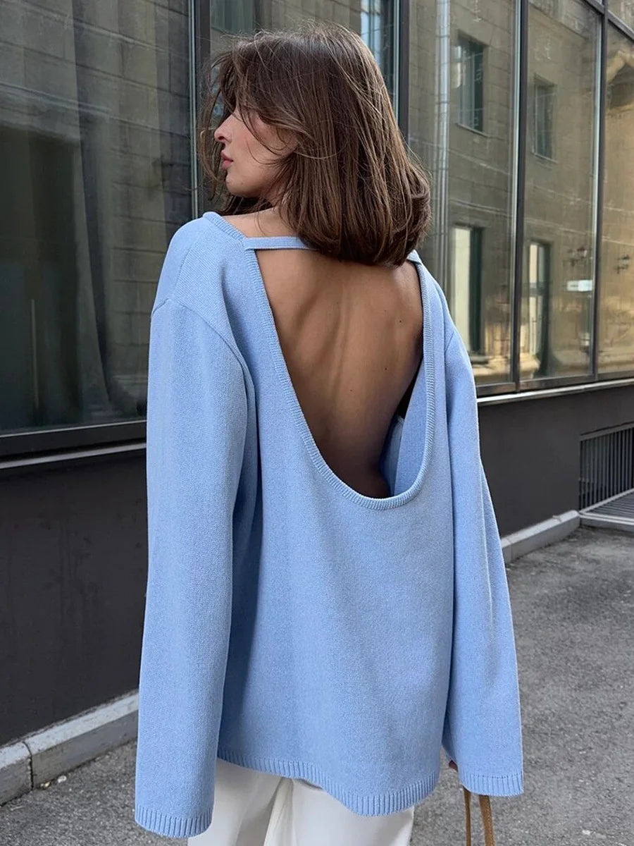 Tossy Female Backless Loose Knitwear Sweater Solid Casual Elegant Long Sleeve Patchwork Commute Clothes Women's Knit Pullover