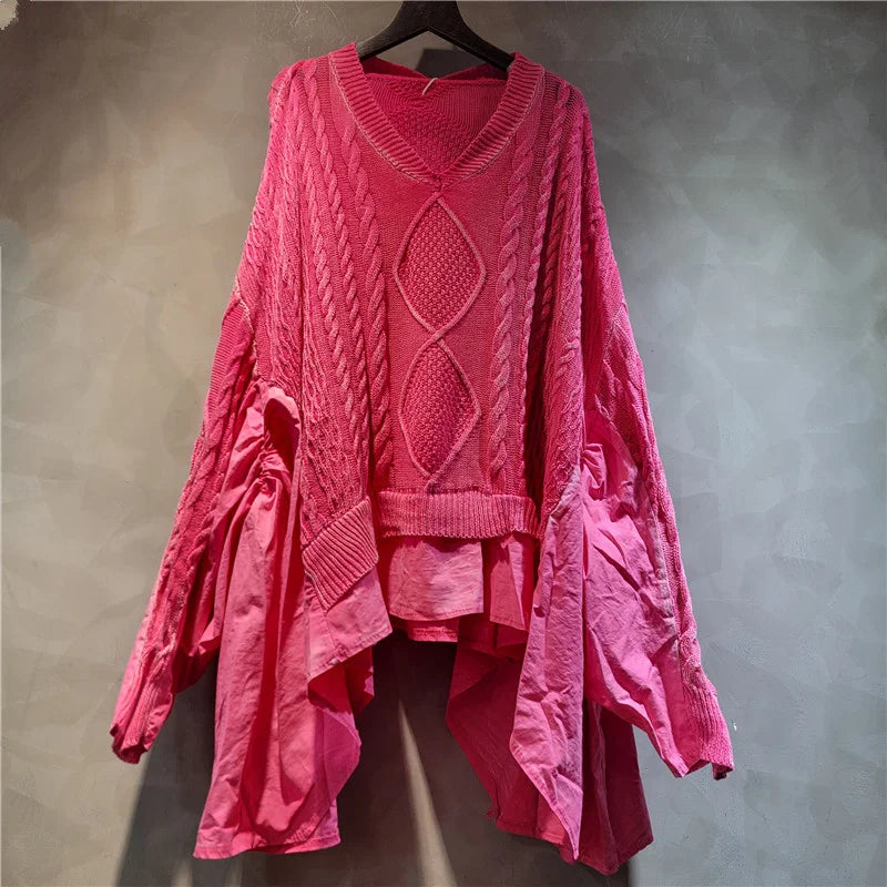 DEAT 2024 Autumn New Fashion Women's Twists Knitting Spliced Sweater Loose Bat Sleeve V-neck Long Pullovers Female 33A1448
