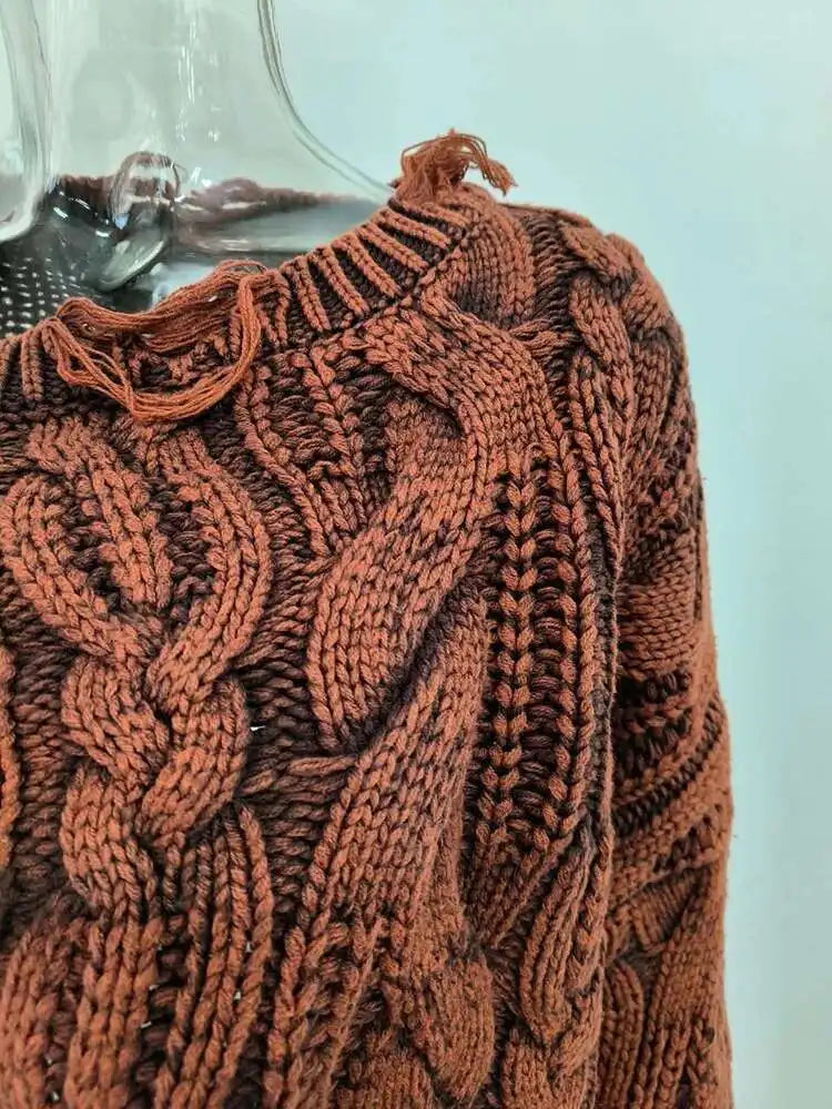 DEAT 2025 Spring Women's Knit Sweater Hollow Out Wash Hole Loose High Street Round Neck Long Sleeve Pattern Pullover 11XX6062