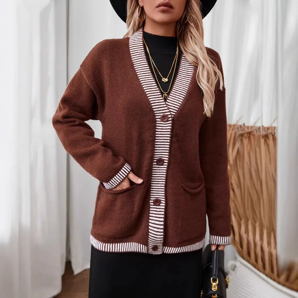 Single Breasted Knitted Jumpers Women Spliced Sweater V Neck Cardigan Casual Loose Fit Print Sweaters Slight Strech Buttons