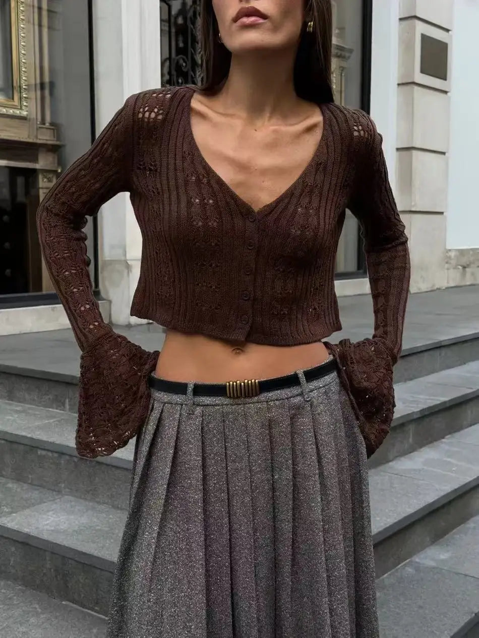 Tossy Knitwear Hollow Out Sweater Cardigan Women V-Neck Long Sleeve See-Through Cropped Top Summer Knit Patchwork Cardigan Top