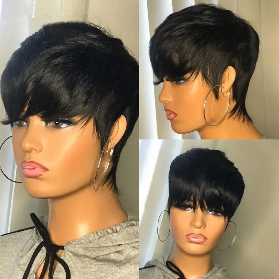 Short Straight Bob Wig Pixie Cut Wig Human Hair For Black Women With Bangs Brazilian Virgin Hair Full Machine  Cheap Wig Black