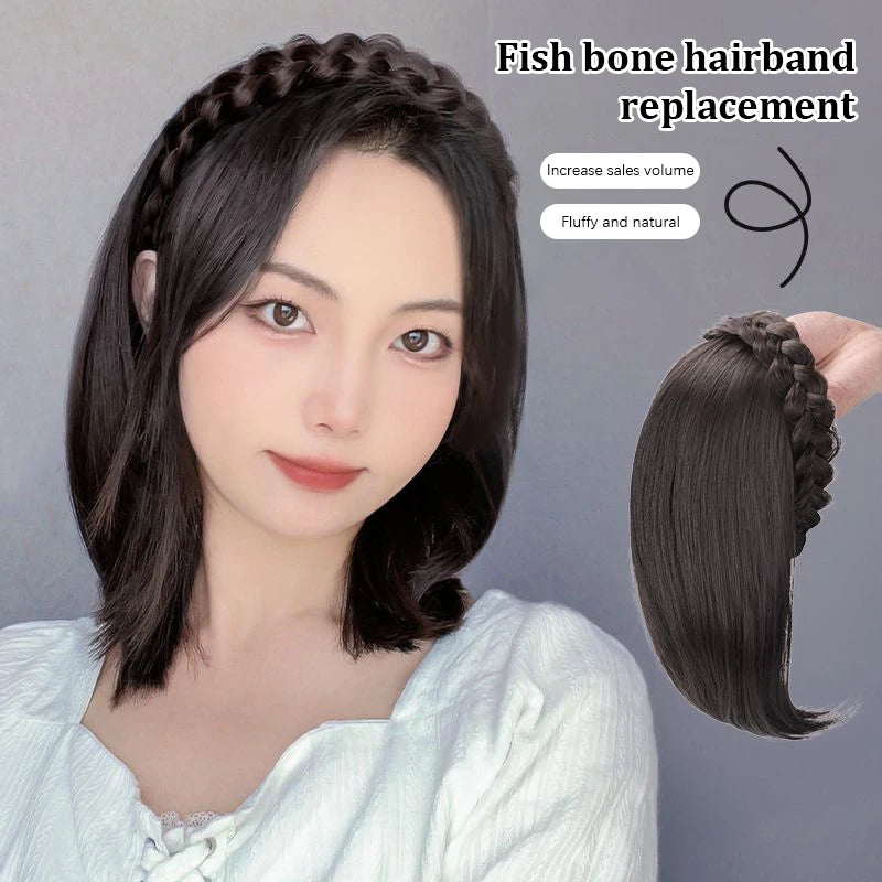 Short Headband Wig with Fish Bone Patch - Glueless Integrated Human Hair, Brown/Black