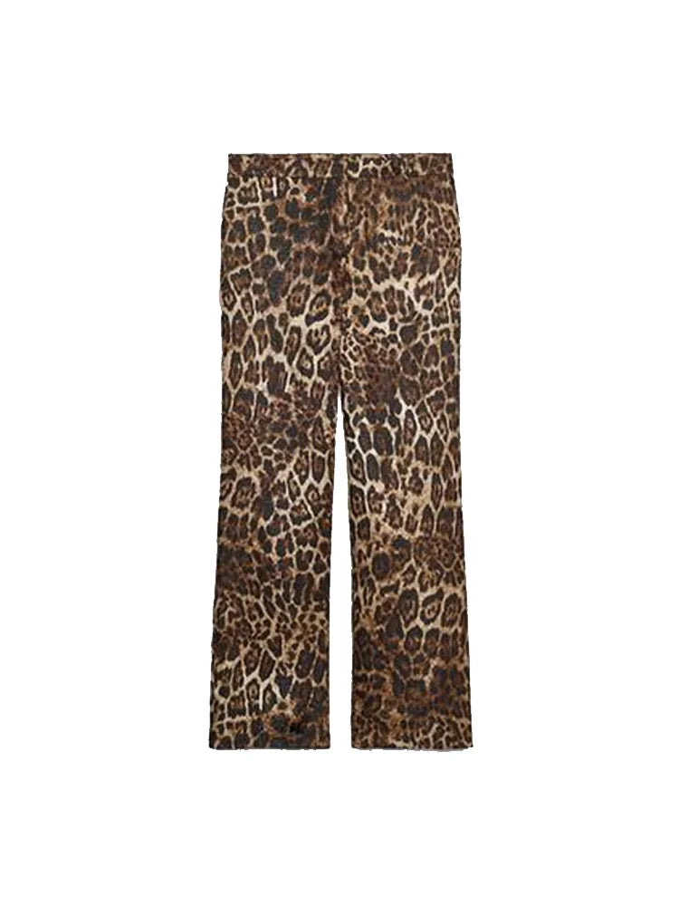 Women's Jackets Pants Animal Printed Suits 2 Piece Set Outwear Belt Lapel Collar Coats Vintage Autumn Woman Clothes