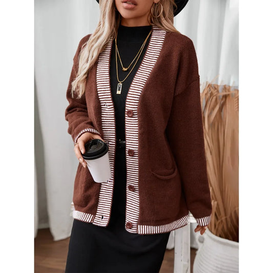 Single Breasted Knitted Jumpers Women Spliced Sweater V Neck Cardigan Casual Loose Fit Print Sweaters Slight Strech Buttons