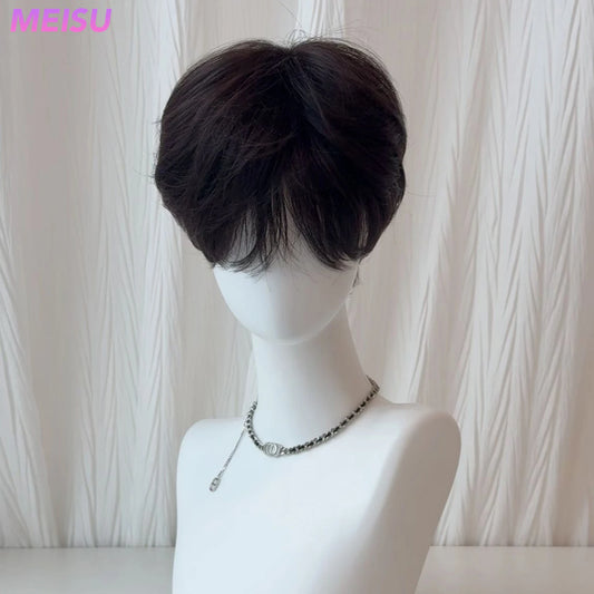 MEISU 10 Inch Short Boy Bangs Wig Brown Black Tea Synthetic Fiber Heat-Resistant Natural And Smoot Cool Boys Wig Selfie Party