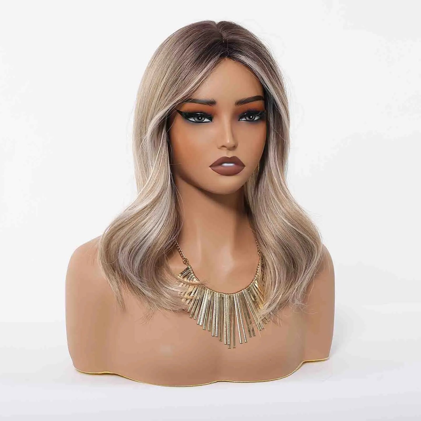 Ombre Blonde Brown Long Body Wave Glueless Synthetic Wig - Middle Part with Highlights