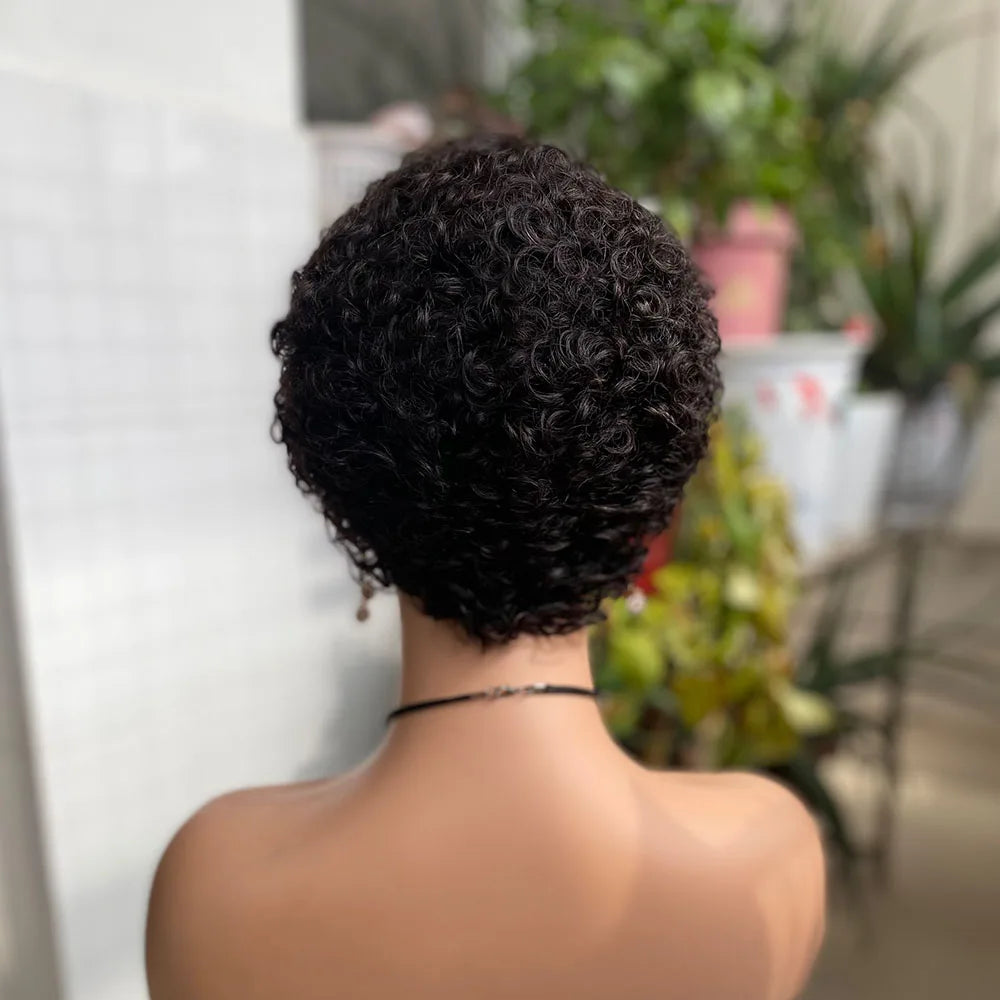 Short Curly Pixie Cut Human Hair Wigs For Women Full Machine Made Short Kinky Curly Wigs Human Hair Natural Black Color