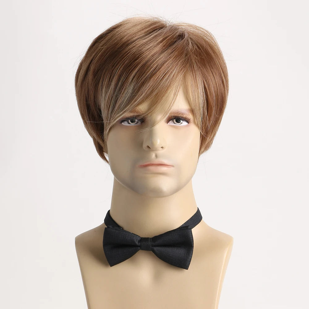 10 Inch Hair Short Curly Synthetic Mixed Brown Wig For Men Layered Heat Resistant Wigs With Bangs For Daily Halloween Use