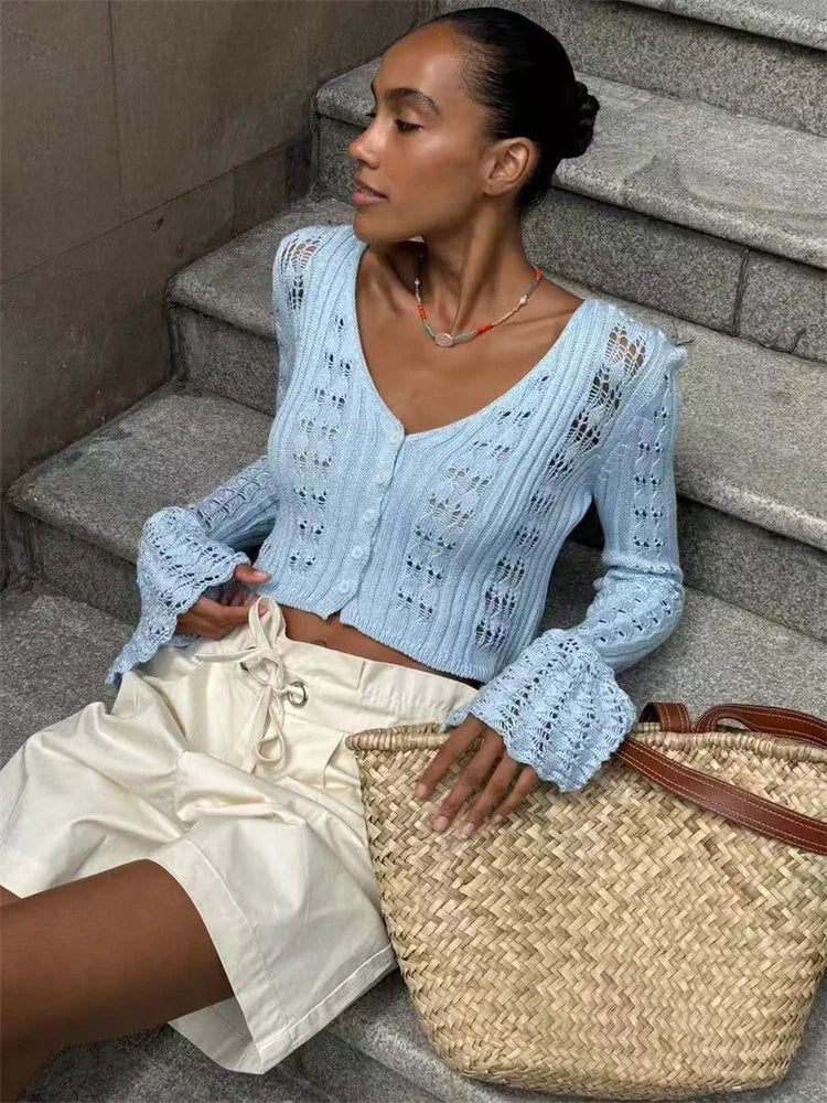Tossy Knitwear Hollow Out Sweater Cardigan Women V-Neck Long Sleeve See-Through Cropped Top Summer Knit Patchwork Cardigan Top
