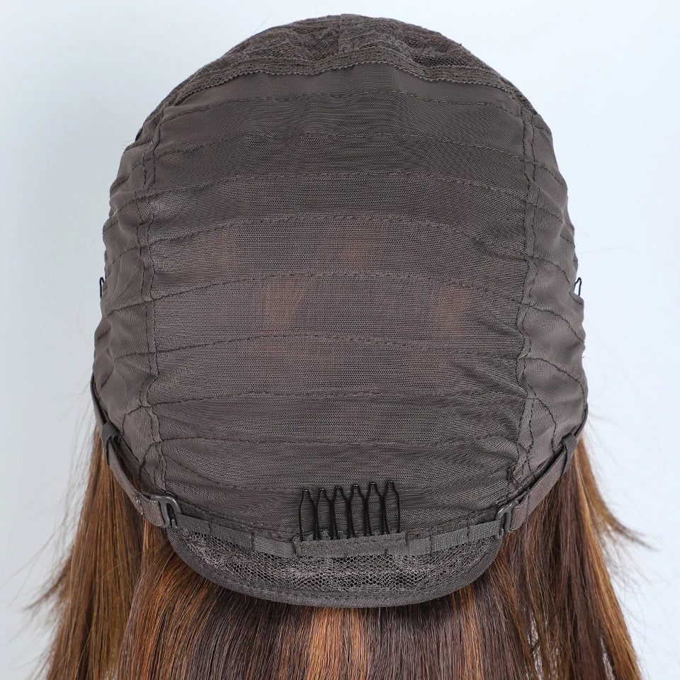 Lekker Glueless Short Brown Wolf Cut Straight Bob Human Hair Wigs With Bangs For Women Brazilian Remy Hair Ready to Wear Bob Wig