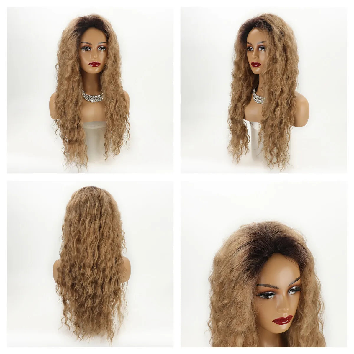 Ombre Blonde Brown Long Wavy Glueless Synthetic Wig - Natural Dimensional Highlights